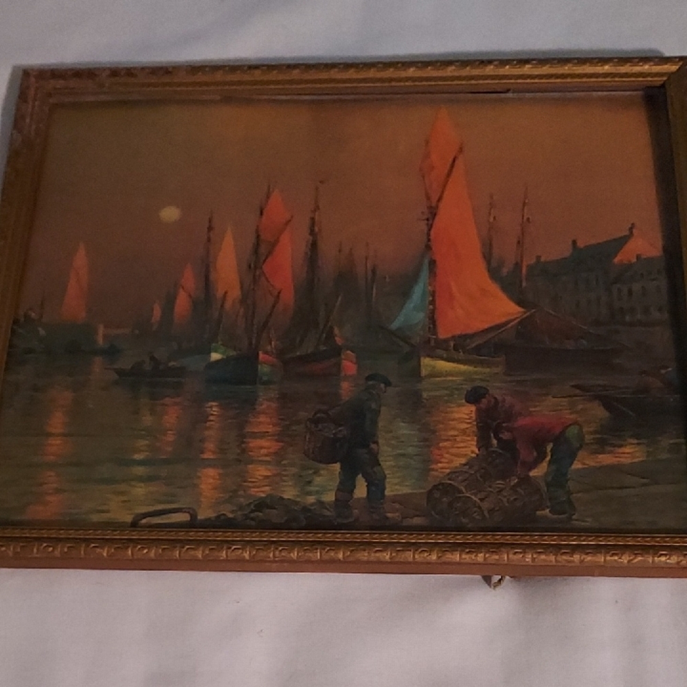 Vintage Full Moon Sunset Sailboats Shrimp Boats Village Scene Framed